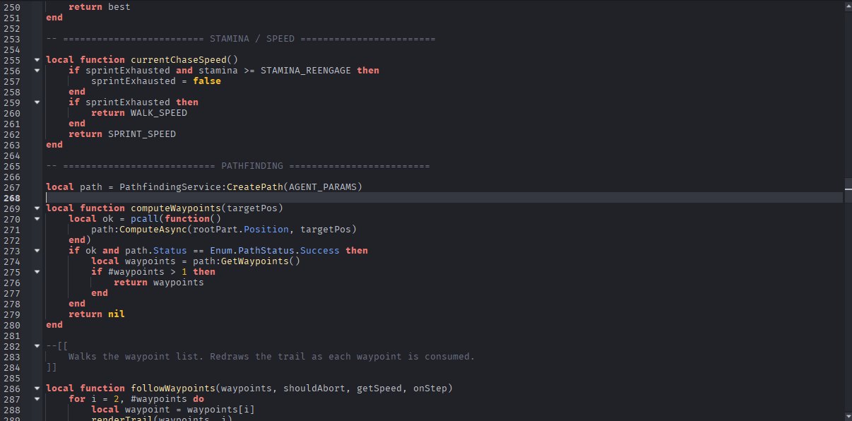 Luau source showing stamina-gated chase speed and pathfinding helpers