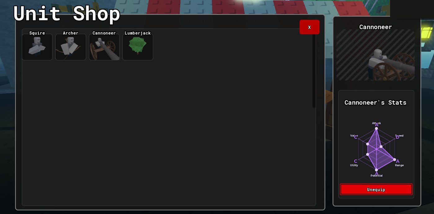 Unit shop interface with a hexagonal stat radar chart for the selected unit